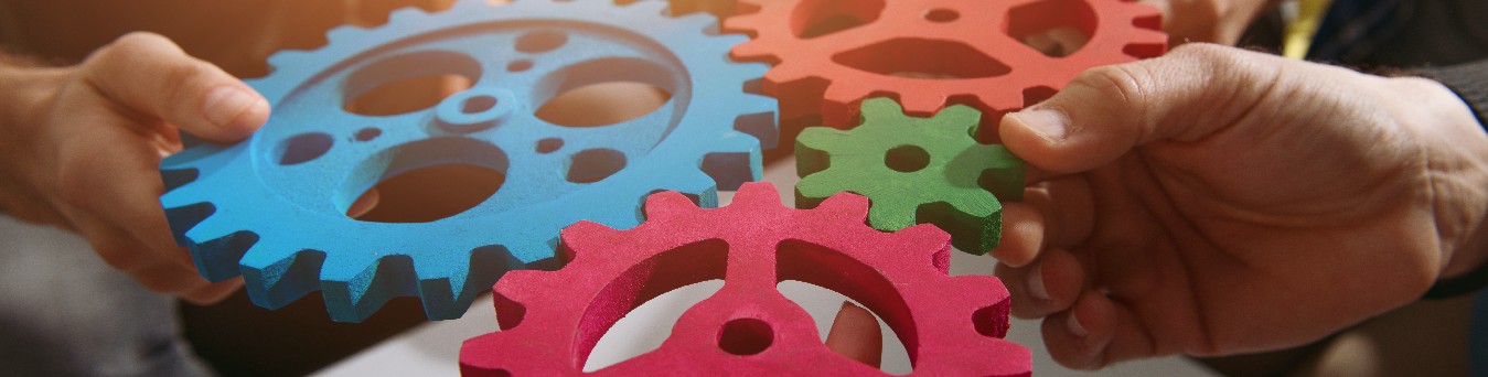 An image of hands holding coloured cogs
